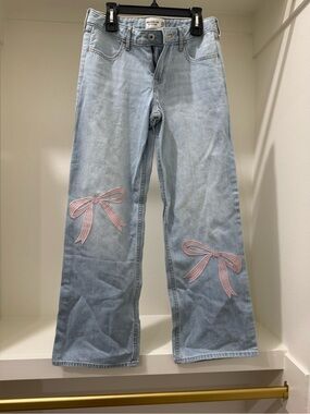abercrombie kids Light Blue Wide-Leg Jeans with Pink Bow Appliqué